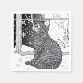 Kätzchen am Fenster Schneeflocken Sternenhimmel Serviette