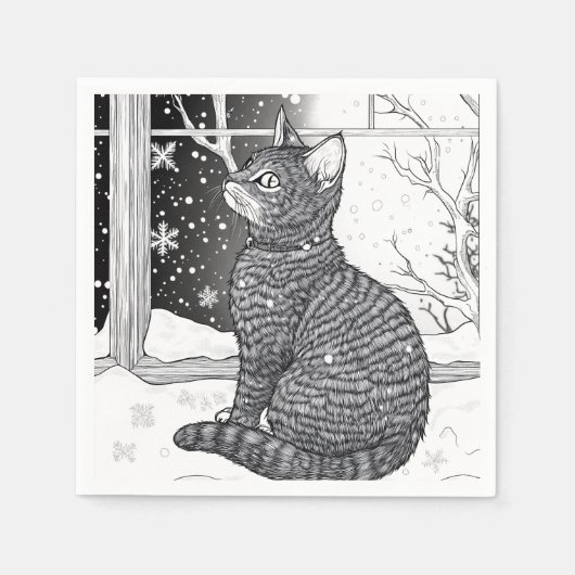 Kätzchen am Fenster Schneeflocken Sternenhimmel Serviette (Vorderseite)