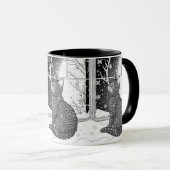 Kätzchen am Fenster Schneeflocken Sternenhimmel Tasse (VorderseiteRechts)