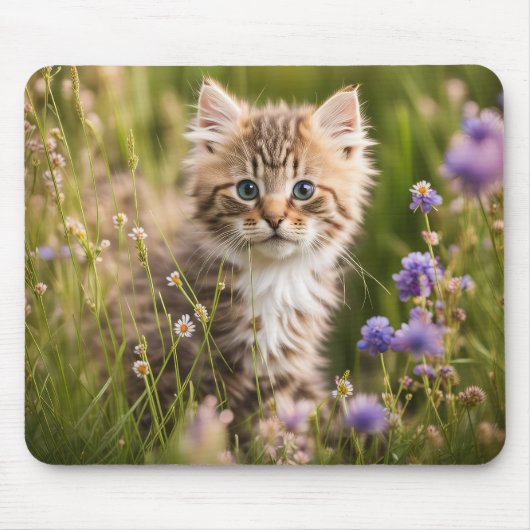Kätzchen auf einem Feld mit Wildblumen Mousepad (Vorne)