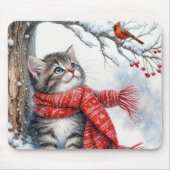Kätzchen beim Kardinal in Schneeflocken Mousepad (Vorne)