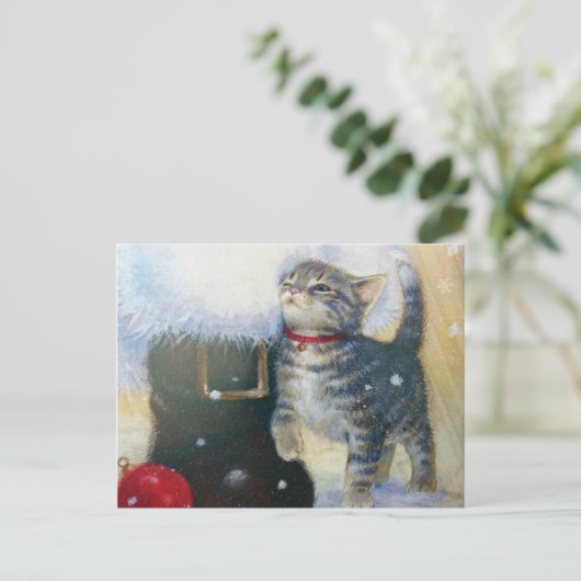 Kätzchen beim Weihnachtsboot Feiertagspostkarte (Stehend Vorderseite)