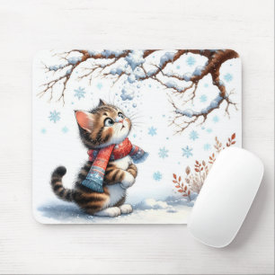 Kätzchen beobachtet fallenden Schnee von einem Ast Mousepad