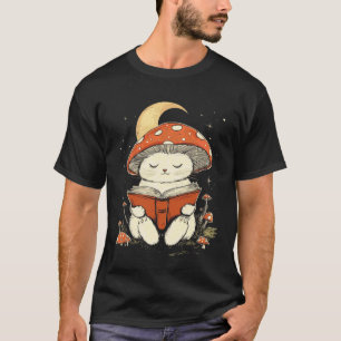 Kätzchen Cottagecore Pilz Katze liest ein Buch T-Shirt
