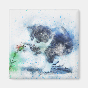 Kätzchen, das mit Blume  abstraktem   Watercolor Magnet