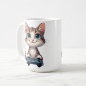 Kätzchen hält Spielcontroller, lächelnde Gamer-Kat Kaffeetasse (Vorderseite Links)