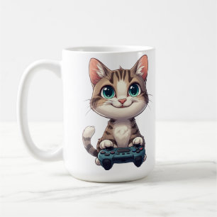 Kätzchen hält Spielcontroller, lächelnde Gamer-Kat Kaffeetasse