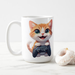 Kätzchen hält Spielcontroller, lächelnde Gamer-Kat Kaffeetasse