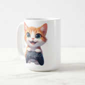 Kätzchen hält Spielcontroller, lächelnde Gamer-Kat Kaffeetasse (Vorderseite Links)