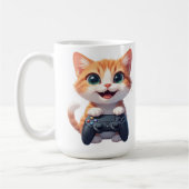 Kätzchen hält Spielcontroller, lächelnde Gamer-Kat Kaffeetasse (Links)