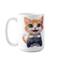 Kätzchen hält Spielcontroller, lächelnde Gamer-Kat