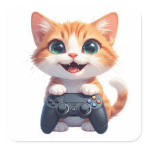 Kätzchen hält Spielcontroller, lächelnde Gamer-Kat
