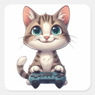 Kätzchen hält Spielcontroller, lächelnde Gamer-Kat Quadratischer Aufkleber