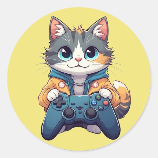 Kätzchen hält Spielcontroller, lächelnde Gamer-Kat Runder Aufkleber (Vorderseite)