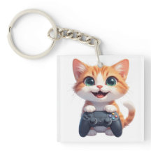 Kätzchen hält Spielcontroller, lächelnde Gamer-Kat