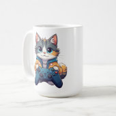 Kätzchen hält Spielcontroller, lächelnder Gamer-Ka Kaffeetasse (Vorderseite Links)