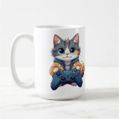 Kätzchen hält Spielcontroller, lächelnder Gamer-Ka Kaffeetasse (Links)