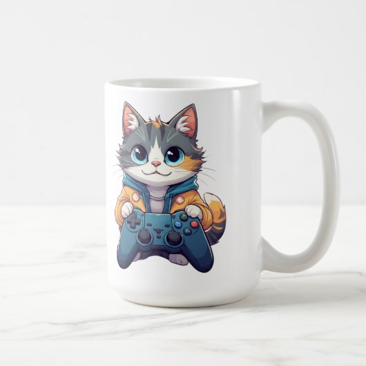 Kätzchen hält Spielcontroller, lächelnder Gamer-Ka Kaffeetasse (Rechts)