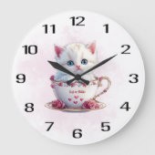 Kätzchen im Cup Pink Blume Uhr Wall Clock (Vorderseite)