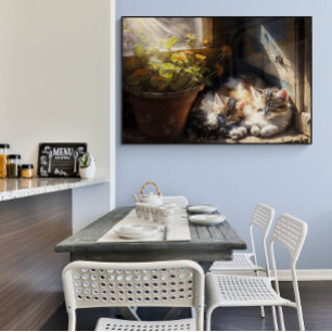 Kätzchen im Garten Ölgemälde mit Schilf Poster