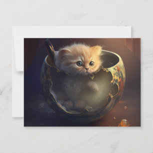 Kätzchen in einem kaputten Teacup - Katzenpostkart Postkarte