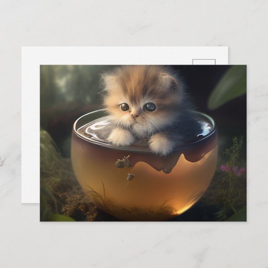 Kätzchen in einem orangefarbenen Teacup - Katzenpo Postkarte (Vorne/Hinten)