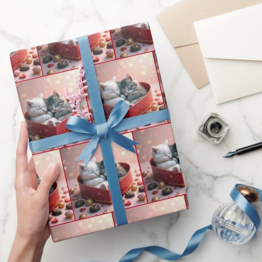 Kätzchen in einer Schachtel mit rotem Herz Geschenkpapier (Schenken)