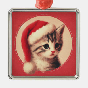 Kätzchen in einer Weihnachtsmannmütze Retro Vintag Ornament Aus Metall