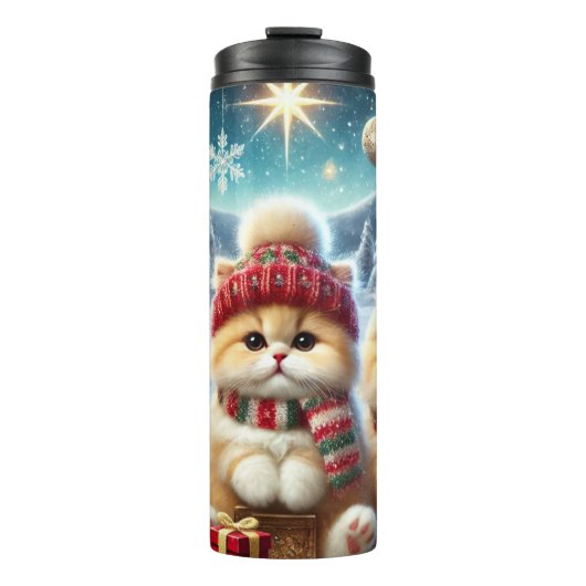 Kätzchen in festlicher Weihnachtsdekoration und Sc Thermosbecher (Vorderseite)