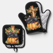 Kätzchen in Kürbiskröte Ofenhandschuh & Topflappen-Set (Vorderseite/Rückseite)