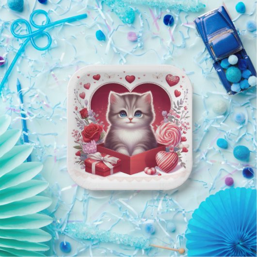 Kätzchen in Schachtel mit Blume und Geschenken Pappteller (Party)