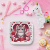 Kätzchen in Schachtel mit Blume und Geschenken Pappteller (Party)