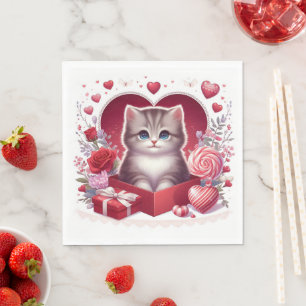 Kätzchen in Schachtel mit Blume und Geschenken Serviette