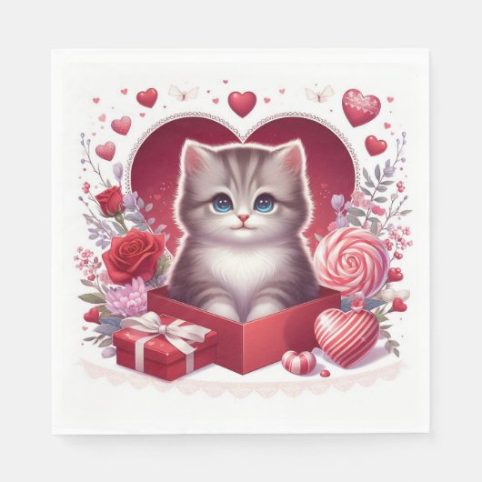 Kätzchen in Schachtel mit Blume und Geschenken Serviette (Vorderseite)