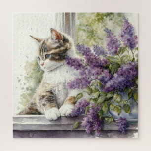 Kätzchen Katze Lavendel Blumen Fenster Sonnenlicht Puzzle