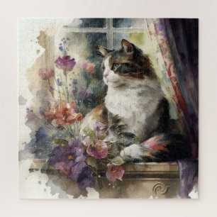 Kätzchen Katze Lila Blumen Fenster Sonnenlicht  Puzzle
