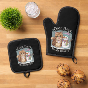 Kätzchen Katze und Schneemann Freunde teilen Kaffe Ofenhandschuh & Topflappen-Set