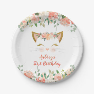 Kätzchen Kitty Katze floral Pfirsich Creme Geburts Pappteller