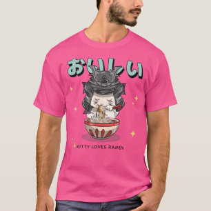 Kätzchen mit einem Samurai-Helm, der ramen japanis T-Shirt