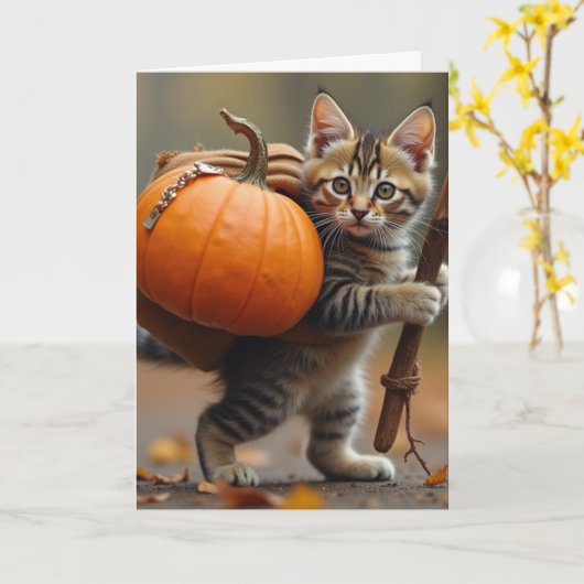 Kätzchen mit Kürbisbackpack Karte (Gelbe Blume)