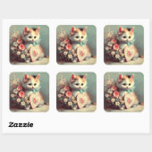 Kätzchen mit Vintager Valentinstich Quadratischer Aufkleber (Blatt)