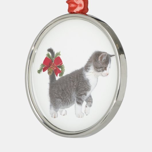 Kätzchen mit Weihnachtsbogen Silbernes Ornament (Links)