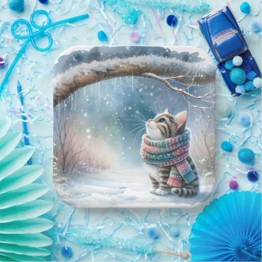 Kätzchen mit Winterskarf Pappteller (Party)