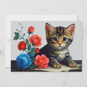 Kätzchen Modern Süßes Porträt Farbige Blumen Katze Feiertagskarte