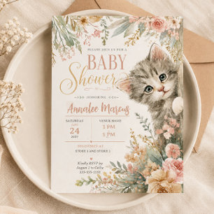 Kätzchen-Rosa-Blumen-Baby-Shower Einladung