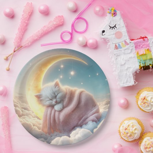 Kätzchen schlafen auf einem Crescent Mond Pappteller (Party)