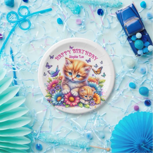 Kätzchen, Schmetterlinge und Blume Pappteller (Party)