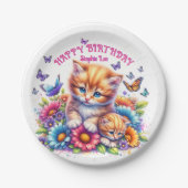 Kätzchen, Schmetterlinge und Blume Pappteller (Vorderseite)