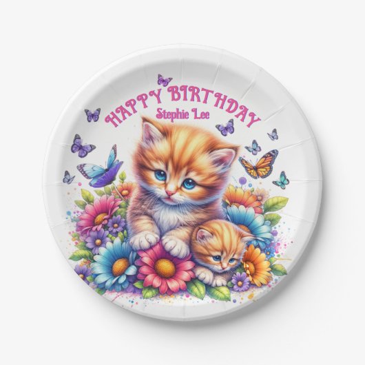 Kätzchen, Schmetterlinge und Blume Pappteller (Vorderseite)