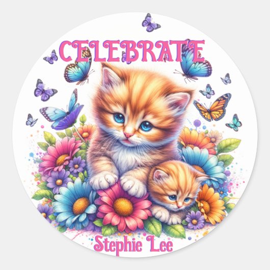 Kätzchen, Schmetterlinge und Blume Runder Aufkleber (Vorderseite)